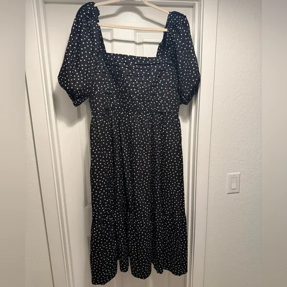 Abercrombie Emerson Polka Dot Dress Midi Black Tan - Picture 2 of 3